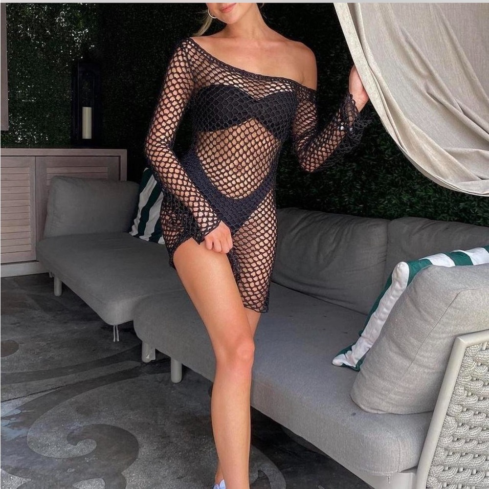 Lovewave crochet knit mini dress in black